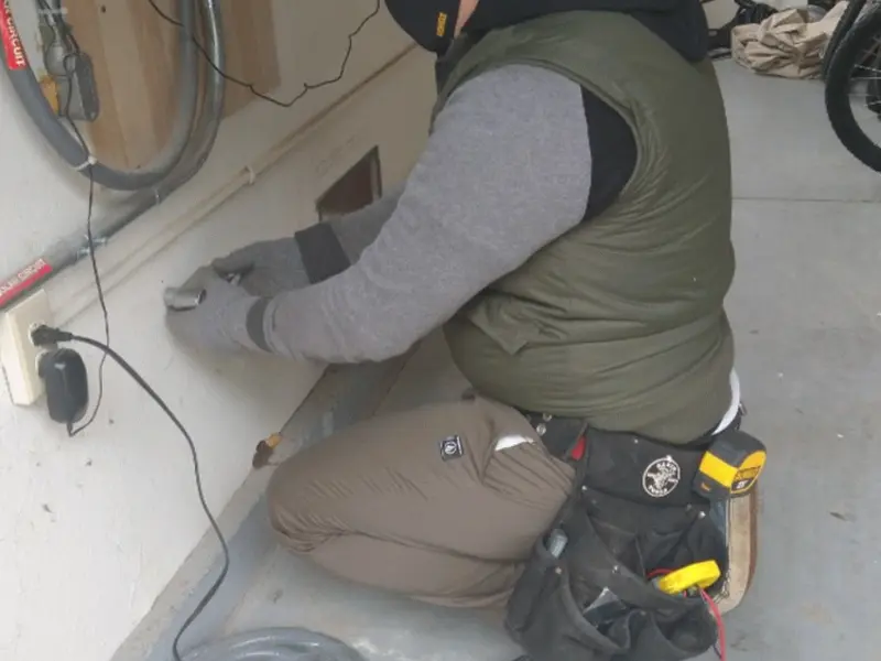 Electrician performing outlet wiring in a Hamilton garage